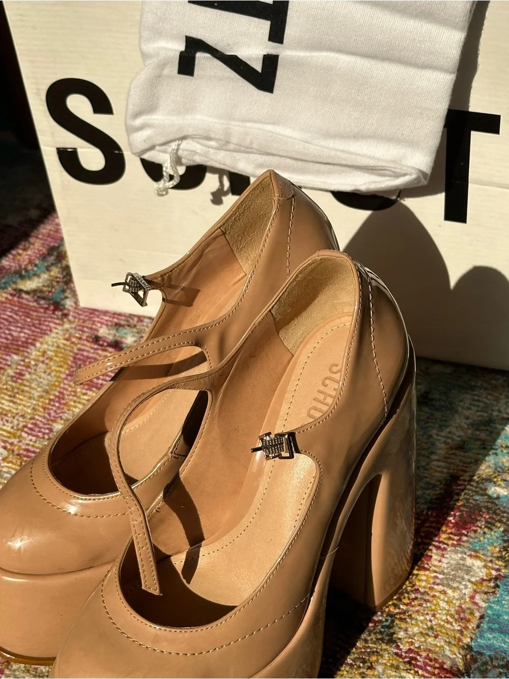 SCHUTZ Zayne Nude Patent Leather Platform Block Heel Pumps – Women’s Size 7